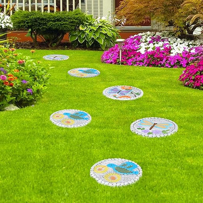 3 Pack Cement Stepping Stones Outdoor 10 Inch Round Garden Stepping Stones with Hand-Painted Flowers, Decorative Patio Pavers for Outside Walkway, Dragonfly Butterfly Garden Decor Hummingbird Gifts