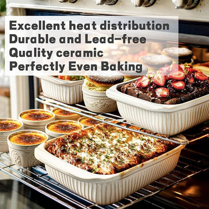 Artena Casserole Dishes For Oven, Ceramic Baking Dish, Large Lasagna Pan With Handles, Baking Pan Casserole Dish, Rectangular Bakeware Deep, Set Of 3 (5.1Qt/2.3Qt/1.1Qt) (White, With Lids)