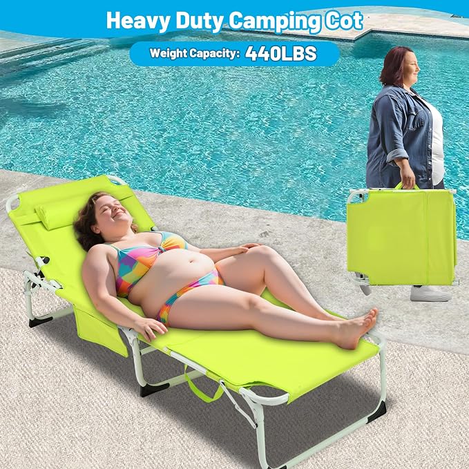 3-in-1 Oversized Sun Tanning Chair with Mat & Face Hole (Green) | Folding Chaise Lounge,5-Position Adjustable Outdoor Chair for Beach, Pool, Patio, Lawn, Yard - Includes Pillow