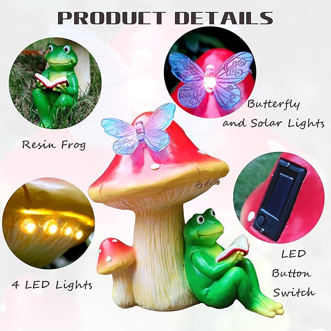 Solar Frog Mushroom Garden Statues,Statuettes of Resin Frog Mushroom Reading a Book Figurine with LED Solar Lights, Lawn Decor Outdoor Statue for Patio,Balcony,Yard,Lawn Ornament