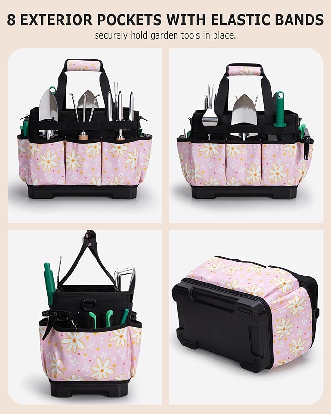 Marscamd Garden Tool Bag with Hard Bottom, Garden Tote with Shoulder Strap and Multiple Pockets (No Accessories Included), Pink Sunflower