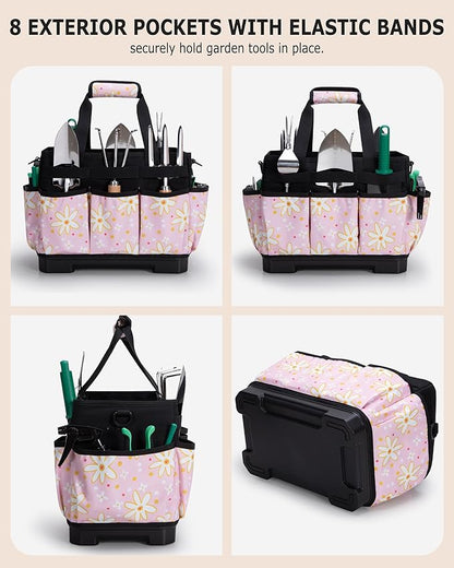 Marscamd Garden Tool Bag with Hard Bottom, Garden Tote with Shoulder Strap and Multiple Pockets (No Accessories Included), Pink Sunflower
