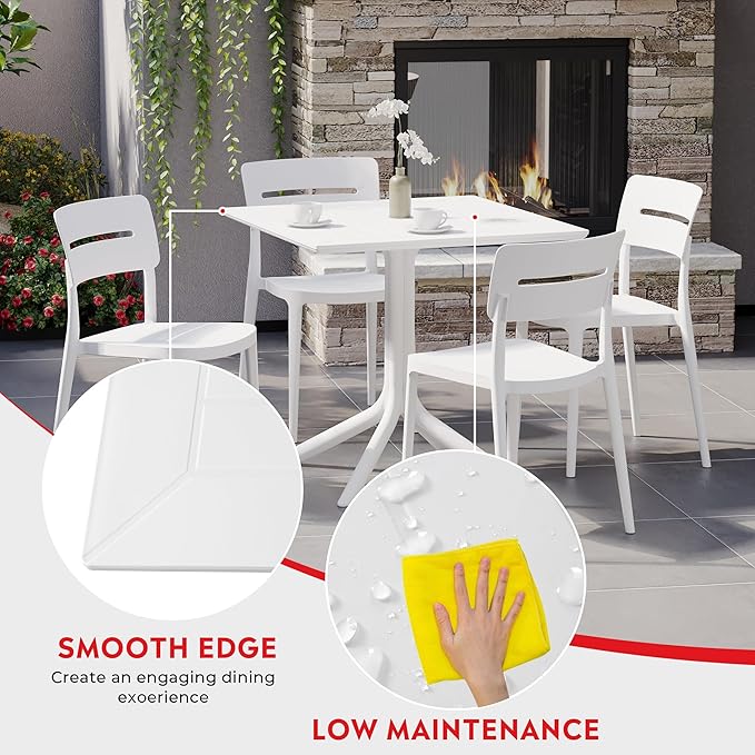 Costaelm 5 Piece Patio Furniture Set, HDPE Patio Square Bistro Table and Stackable Chairs Sets for 4, Outdoor Furniture All Weather for Backyard Poolside, White