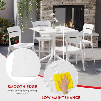 Costaelm 5 Piece Patio Furniture Set, HDPE Patio Square Bistro Table and Stackable Chairs Sets for 4, Outdoor Furniture All Weather for Backyard Poolside, White