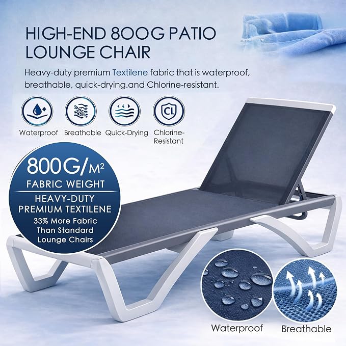 Kozyard Outdoor Chaise Lounge Chair, Fully Flat Adjustable Patio Lounger with Aluminum Frame & Resin Legs, Textilene Fabric for Poolside, Backyard & Beach (Gray)