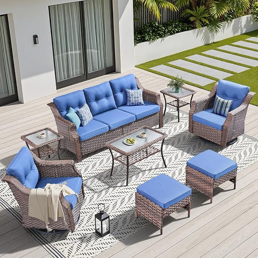 Wicker Patio Furniture Set-8 Piece High Back Outdoor Furniture Set Sectional Sofa with Wicker Swivel Rocker Patio Chairs,Thick Cushions Ottomans for Porch Balcony Patio Deck Brown/Blue