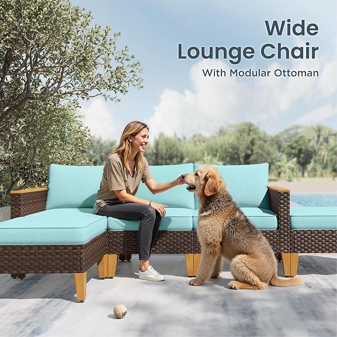 PHI VILLA 9-Piece Outdoor Wicker Furniture Set with 4-inch Thick Cushions, High Back Wicker Sofa for Deck, Yard, and Poolside in Blue (Loveseat Style)