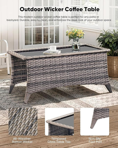7-Piece Outdoor Wicker Patio Furniture Set with Swivel Glider Chairs, 3-Seat Sofa, Coffee Table & Ottomans 5” Olefin Cushions Ergonomic Neck-Lumbar Backrest All-Weather Rattan for Garden, Deck, Porch