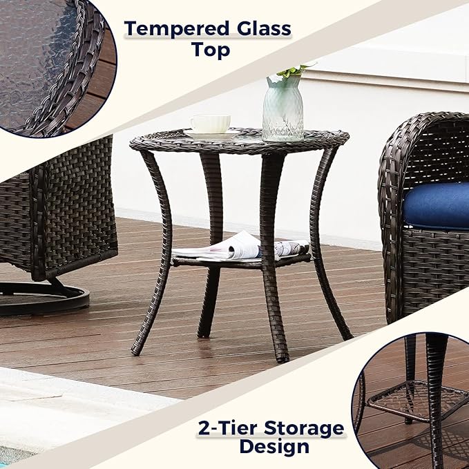 3-Piece PE Wicker Swivel Rocking Patio Chair Set with Cushions & Ripple Glass Table, Luxury All-Weather Outdoor Bistro Set for Modern Deck Balcony Furniture Set