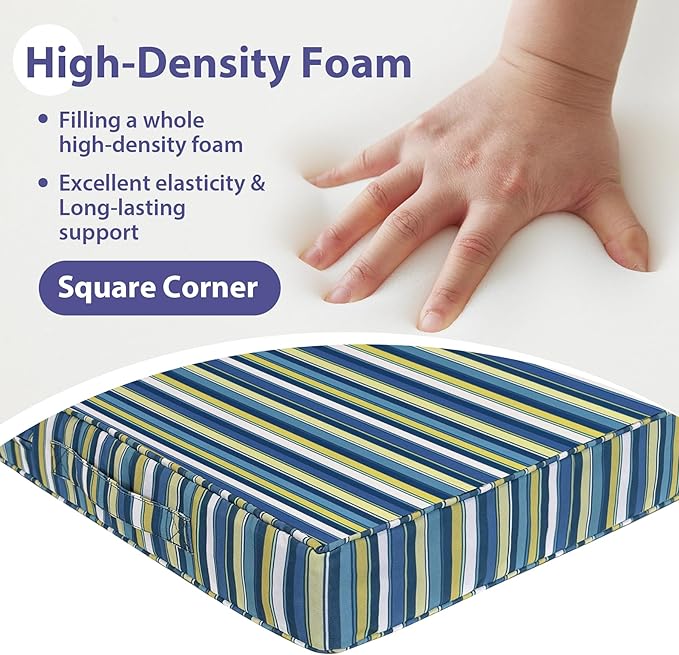 Outdoor Chair Cushions Set of 4,Waterproof Outdoor Seat Cushions for Patio Furniture,Patio Chair Cushion with Handle and Ties, Out Door Chair Pads,18.5" x 16" x 3", Blue Stripe