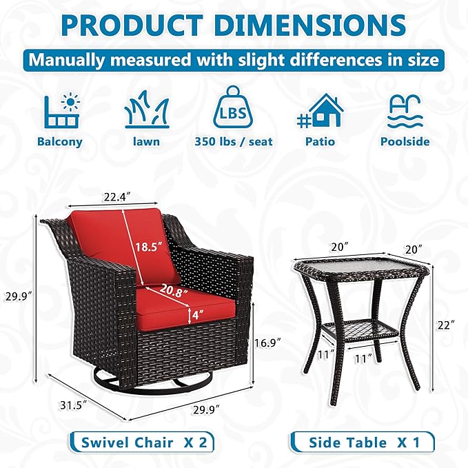 VistaVibe 3 Pieces Outdoor Patio Conversation Furniture Set - 360 Degree Swivel Glider Rocker Chairs | Wicker End Table, Washable Cushions, Hand-Woven PE Rattan, Lawn, Sunroom (Brown/Red)