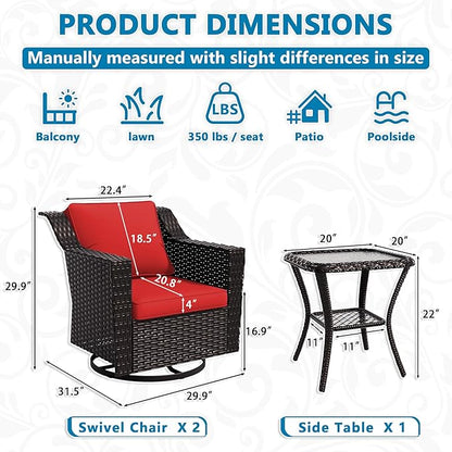 VistaVibe 3 Pieces Outdoor Patio Conversation Furniture Set - 360 Degree Swivel Glider Rocker Chairs | Wicker End Table, Washable Cushions, Hand-Woven PE Rattan, Lawn, Sunroom (Brown/Red)