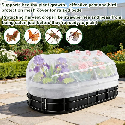 1 Pack Garden Netting for Raised Beds, Fine Mesh Bird Netting Barrier Screen with Zipper Drawstring Garden Bed Plant Cover for Protect Vegetable Fruits Crop from Animals Pest Insect, 4.3×2.3×2Ft