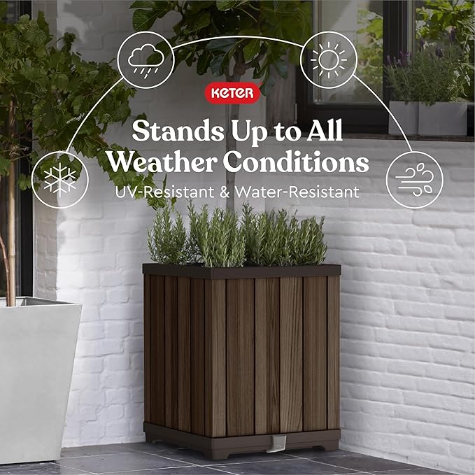 Keter Signature 21.6 Inch Tall Square Large Wood Look Planter for Indoor or Outdoor Flower Pot Ideal for Patio Deck and Front Porch Decor, Rosewood