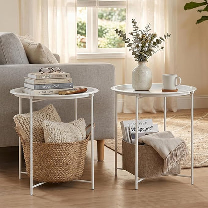 VECELO Side/End Table, Folding Round Metal Anti-Rust and Waterproof Outdoor or Indoor Tray for Living Room Bedroom Balcony and Office, 1 PCS, Beige