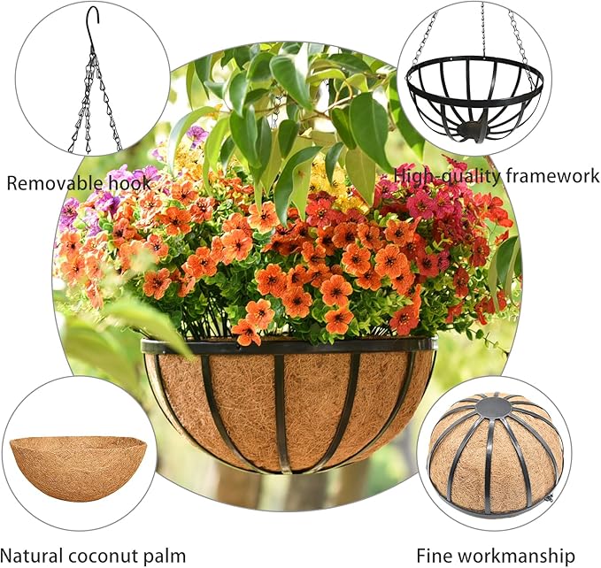 12 Inch Black Flat Iron Metal Hanging Planter Basket with Coco Coir Liner(4 Pack) Hanging Planters for Outdoor Plants Hanging Baskets for Plants Flower Pots for Deck Patio Porch Garden Balcony