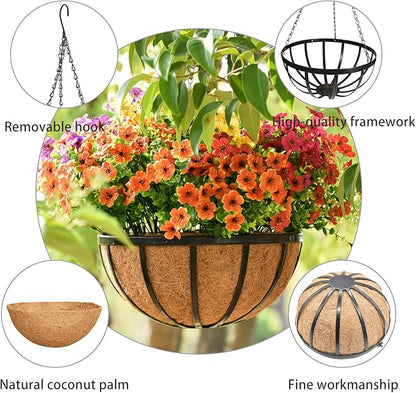16 Inch Black Flat Iron Metal Hanging Planter Basket with Coco Coir Liner(2 Pack) Hanging Planters for Outdoor Plants Hanging Baskets for Plants Flower Pots for Deck Patio Porch Garden Balcony
