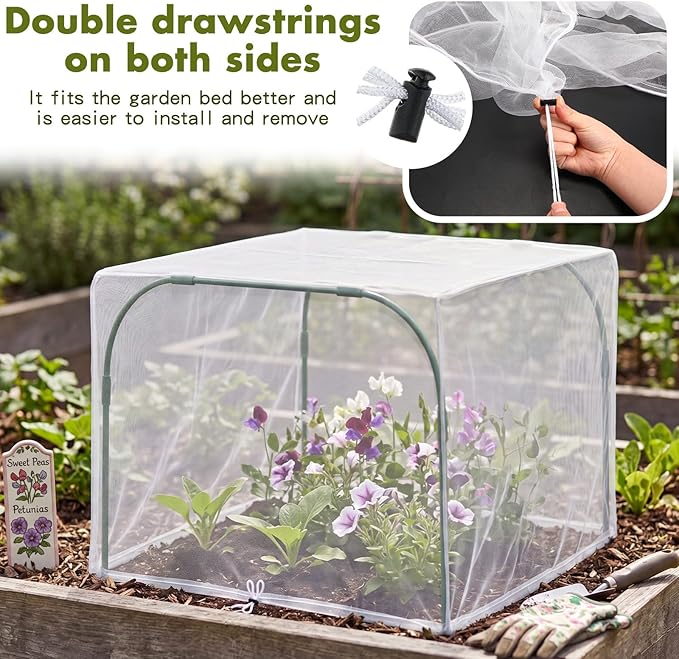 Woanger 2 Pack Garden Netting for Raised Beds Rectangular Pest Barrier with Hoops for Garden Protection Plant Mesh Netting with Drawstring Plants Vegetables Fruits Flowers (for 40x40x20 in)