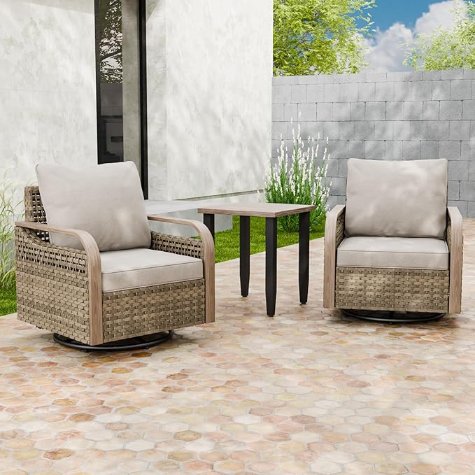 Modern Wicker Bistro Table and Chairs Set, Rattan Outdoor Bistro Set for Patio, Wicker Patio Swivel Rocking Chairs & Table, 3 Pieces, Brown/Gray