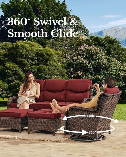 HILLGA Luxury Patio Furniture Set with 6-Inch Thick Cushions, High Back Outdoor Swivel Rocker Chairs and Patio Loveseat, 5-Piece All Weather Conversation Set for Porch Deck Pool Yard, Burgundy (V3)