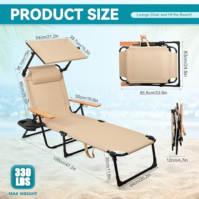 Beach Lounge Chair with Sun Shade, Folding Outdoor Chaise Lounge Chair with Arms, 4-Position Backrest, Extended Sun Tanning Chair Pillow & Cup Holder, Patio Lounger for Outside for Beach(Beige-U)
