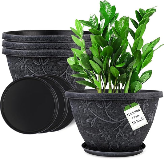 Nooulap 4 Pack 10 Inch Flower Pots for Outdoor Indoor, Plastic Plant Pots with Drainage Hole & Saucer, Lightweight Small Resin Flower Pot, Outdoor Planters Imitation Magnolia for Garden House（Gray）