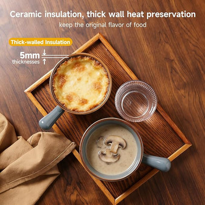 MONITO 16 Oz French Onion Soup Bowls, Ceramic Soup Bowls with Handles, Stackable Soup Crocks Oven Safe for Chili, Beef Stew, Cereal,Casseroles Microwave & Dishwasher Safe, Set of 4, Dusty Blue