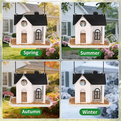 Solar Bird Feeder for Outdoors – White Metal Hanging Bird Feeder with Solar Light, Decorative Bird House Feeder for Cardinals, Finches, and Wild Birds, Weatherproof Backyard Garden Decor