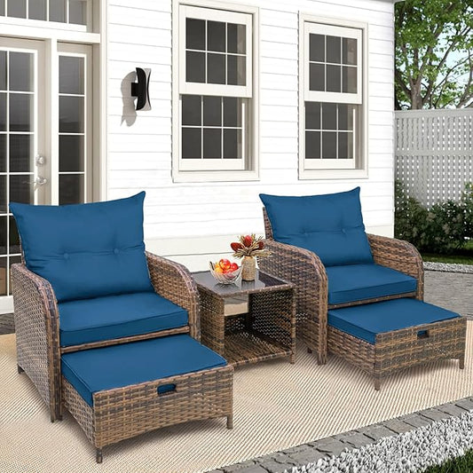 5 Pieces PE Wicker Outdoor Chairs with Ottomans, 5 PCS Rattan Patio Furniture Set with Ottoman, Patio Chairs with Ottomans for Porch Balcony Sunroom, Blue Cushion