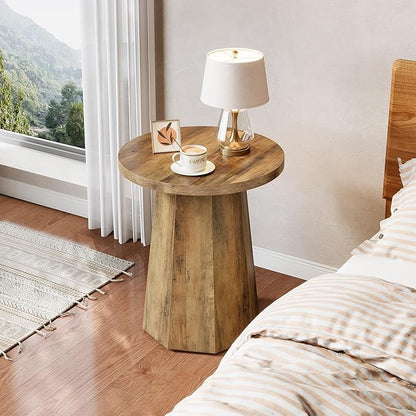 Tribesigns Farmhouse Round End Table, Wooden Couch Side Table with Octagonal Base, Rustic Brown Nightstand Pedestal Accent Furniture for Living Room, Bedroom (1)
