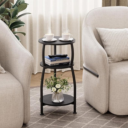 Small Round Side Table, 3-Tier End Table with Storage Shelf, Slim Sofa Table Coffee Table, Sturdy & Easy Assemble Nightstand for Small Spaces, Living Room Bedroom Corner, Black