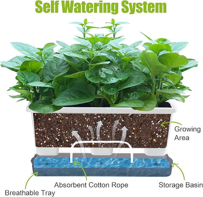 Oliz Window Box Planter 8 Pcs, 17 Inches Rectangle Flower Pots with Drainage Holes & Trays, Vegetable Planters for Windowsill Patio Garden Balcony Home Indoor Outdoor (White, 16 * 7 * 6 inch)