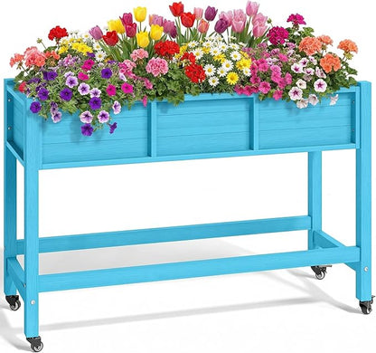 YITAHOME Raised Garden Bed HDPE, 47x18x31In Raised Flower Bed Poly-Wood Weather-Resistant Elevated Planter Box with Lockable Wheels for Vegetables, Aruba Blue