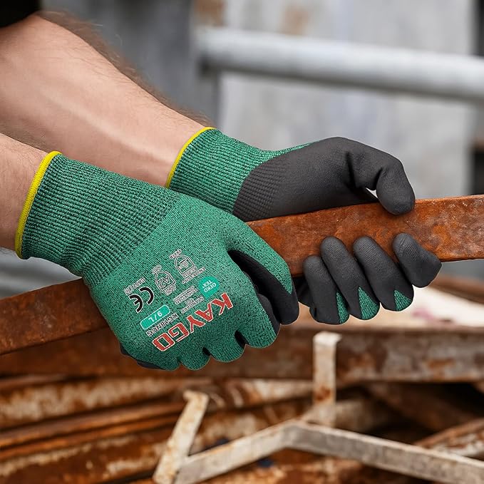 KAYGO Safety Work Gloves MicroFoam Nitrile Coated, 3 Pairs KG18N, Cut Resistant Glove with Abrasion and Oil Resistant Grip, ANSI Cut Level A2, S, Green
