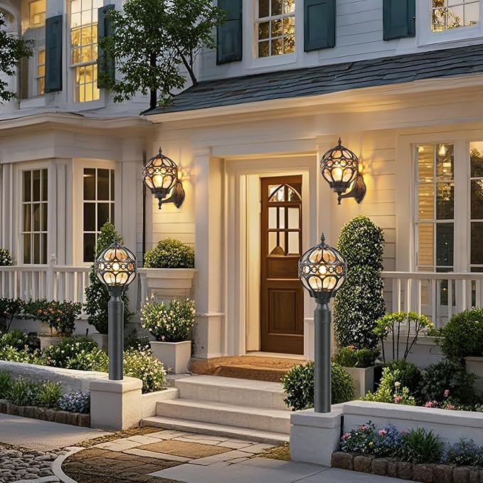 Globe Outdoor Lamp Post Lights for Driveway Yard Patio Garden, Aluminum Waterproof Exterior Pier Mount Lamp, Round Pole Lantern Outside Lawn Post Lighting Fixtures for 3" Pole Fence Deck