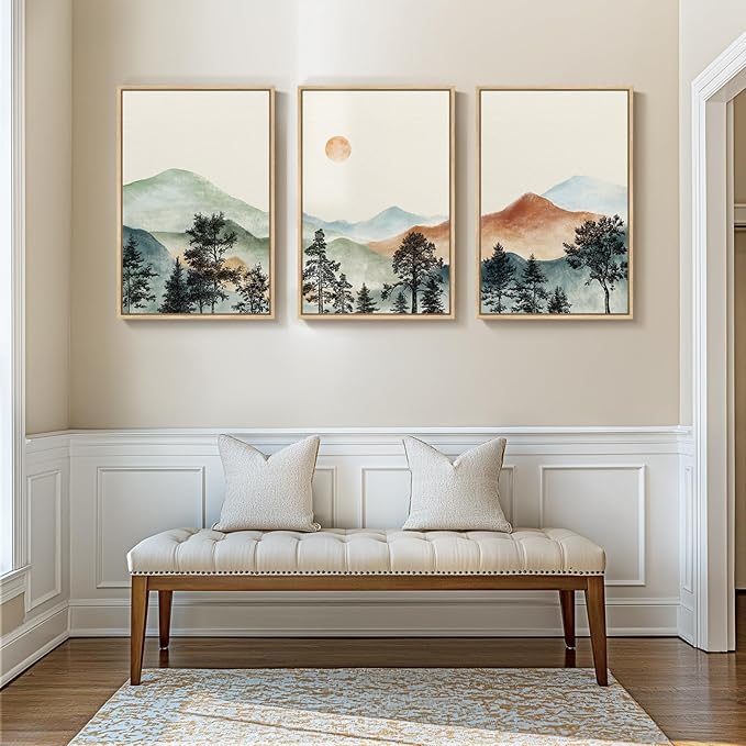 Framed Large Mountain Wall Art for Living Room, 3 Piece Boho Watercolor Landscape Artwork for Walls, Mid Century Modern Mountain Forest Sunset Scenic Canvas Prints for Office Hallway Decor, 24x36 Inch