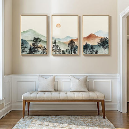 Framed Large Mountain Wall Art for Living Room, 3 Piece Boho Watercolor Landscape Artwork for Walls, Mid Century Modern Mountain Forest Sunset Scenic Canvas Prints for Office Hallway Decor, 24x36 Inch