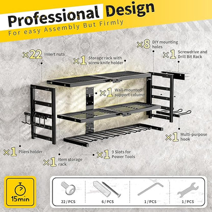 Power Tool Organizer Wall Mount Heavy Duty 320 lbs, 3 Layers Storage Rack with 9 Drill Holders & Battery Storage, cordless tool organizer for Garage, Workshop & Tool Room