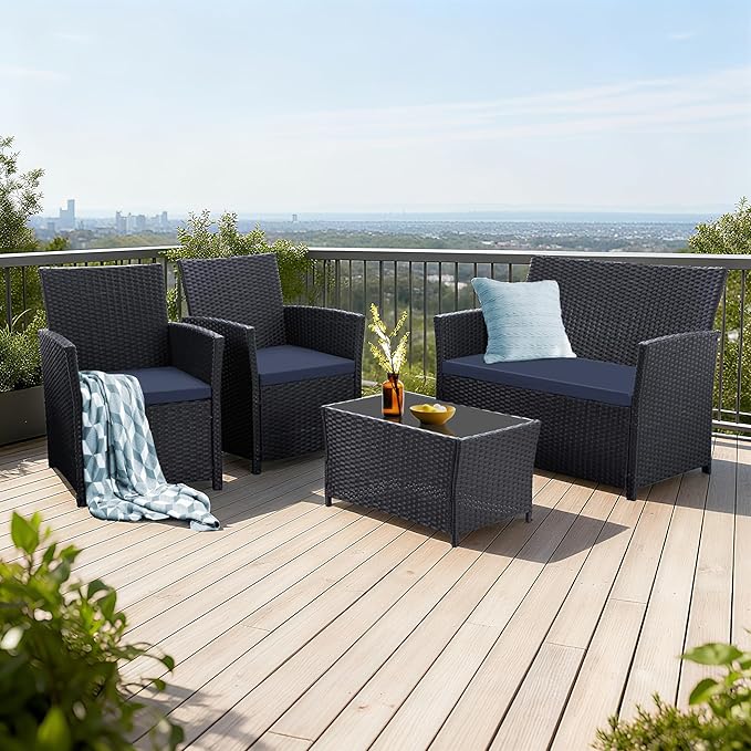 4 Piece Patio Furniture Set, Outdoor Wicker Conversation Set, Rattan Sectional Sofa Couch with Glass Coffee Table & Thick Cushion for Backyard, Porch, Garden, Poolside, Black/Blue