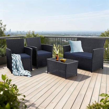 4 Piece Patio Furniture Set, Outdoor Wicker Conversation Set, Rattan Sectional Sofa Couch with Glass Coffee Table & Thick Cushion for Backyard, Porch, Garden, Poolside, Black/Blue