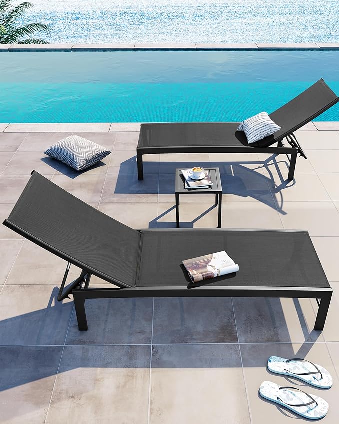 Crestlive Products 2PCS Chaise Lounge Chairs Outdoor with 1PC Side Table, Aluminum Patio Lounge Set, Adjustable Five-Position Recliner for Beach, Pool, Sunbathing, Lawn, Yard