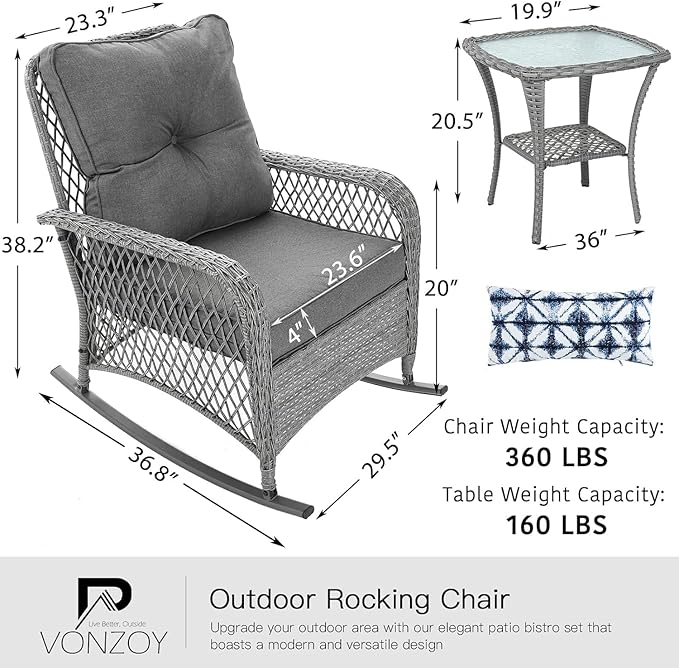 Patio Furniture Set 3 Pieces, Wicker Outdoor Rocking Bistro Set with Thick Cushions, Outdoor Rocker Chairs and Coffee Table for Porch, Backyard or Garden (Grey)