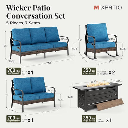 Patio Furniture Set with Firepit Table, Black Frame Outdoor Conversation Set with 2 x Rocking Chairs, 1 x 2-Seat Sofa, 1 x 3-Seat Sofa for Lawn Garden Backyard, Pacific Blue