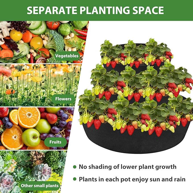 Wenfan 3 Tiered Strawberry Planter Non-Woven Fabric Raised Garden Bed Stackable Strawberry Planter Bag Felt Raised Container for Growing Vegetables Herb Plant, 8 Inch Deep, Round