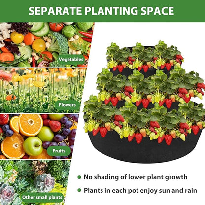 Wenfan 3 Tiered Strawberry Planter Non-Woven Fabric Raised Garden Bed Stackable Strawberry Planter Bag Felt Raised Container for Growing Vegetables Herb Plant, 8 Inch Deep, Round