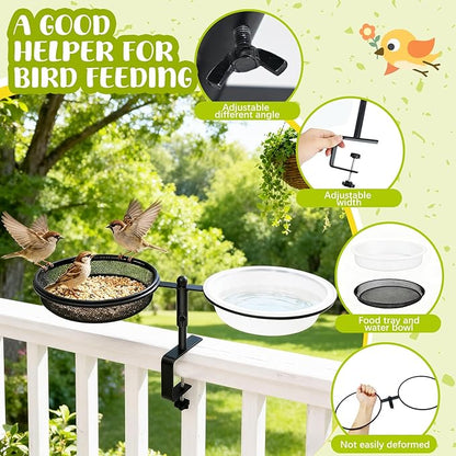 Bird Feeder for Apartment Balcony,Balcony Bird Feeder with Food Tray and Water Bowl,Detachable and Adjustable Heavy Duty Sturdy Steel,Rounded