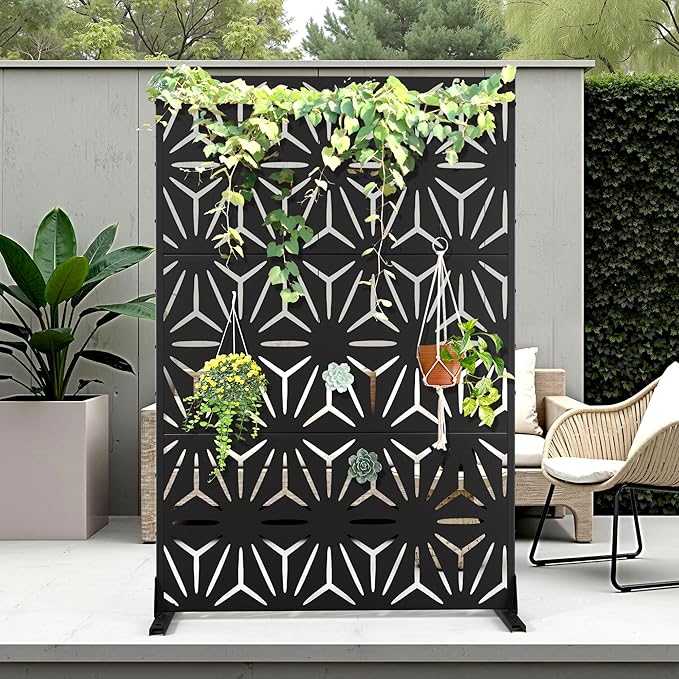 Metal Privacy Screen Outdoor Privacy Screen, Freestanding Fence Panel for Outside, 72''H×47''W, Decorative Screen Panel for Backyard/Patio/Deck
