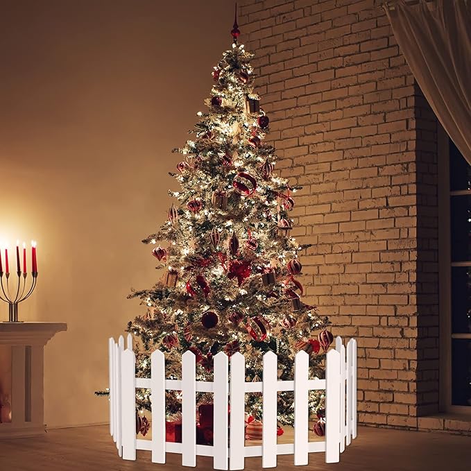 RUODON 4 Pack Thick Christmas Tree Fences White Wooden Picket Fences Tree Fence Border Decoration for Xmas Wedding Party Decor Garden Home, 15.7 x 12 Inches