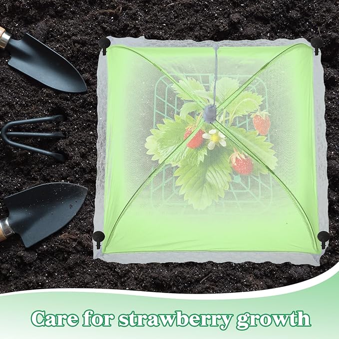 FoldTier 6 Sets Strawberry Supports with Plant Protectors from Animals, Strawberry Growing Racks and Mesh Plant Cover with Plastic Lawn Stakes and Storage Bag for Strawberry Vegetables (Light Green)