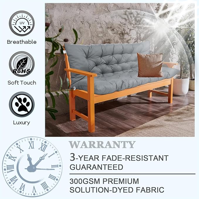 Outdoor Swing Cushions 3 Seater Waterproof, Replacement Bench Cushions for Outdoor Patio Furniture with Backrest, Porch Swing Cushion with Ties for Lawn and Garden (Light Gray, 40x60in)